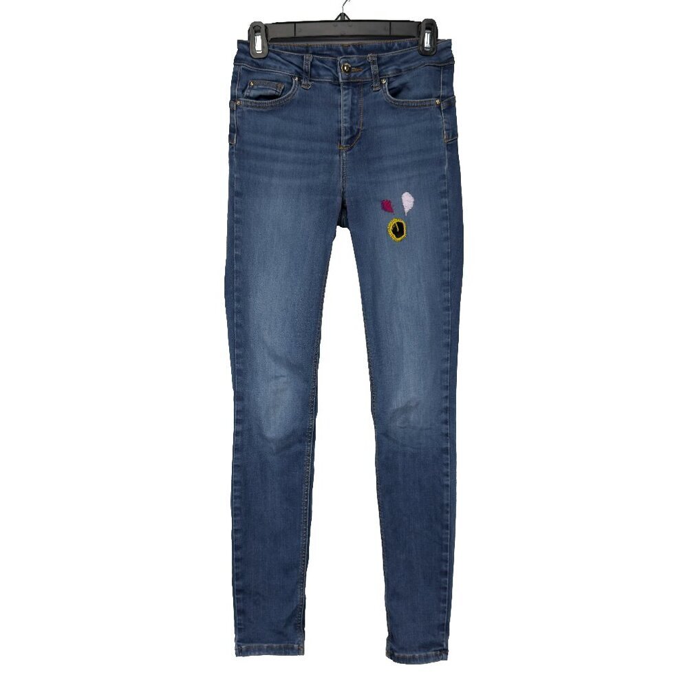 LIU-JO Milano Embroidered/Distressed Stretch Ankle Mid-Rise Skinny Blue Jeans 25